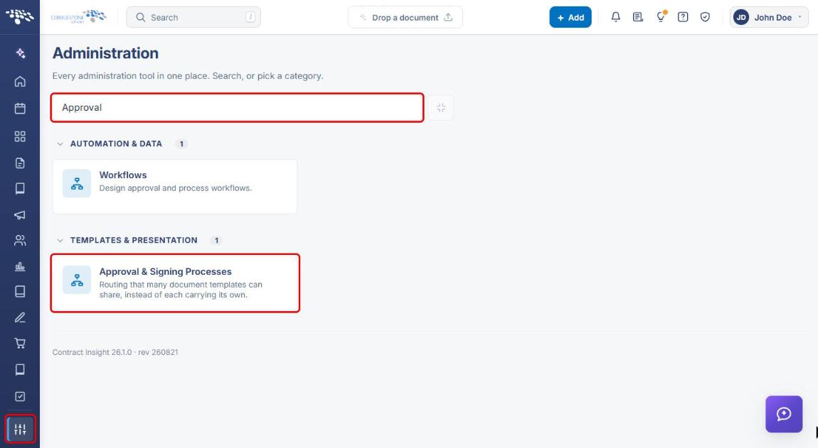 Administration page with Approval and Signing Processes card highlighted