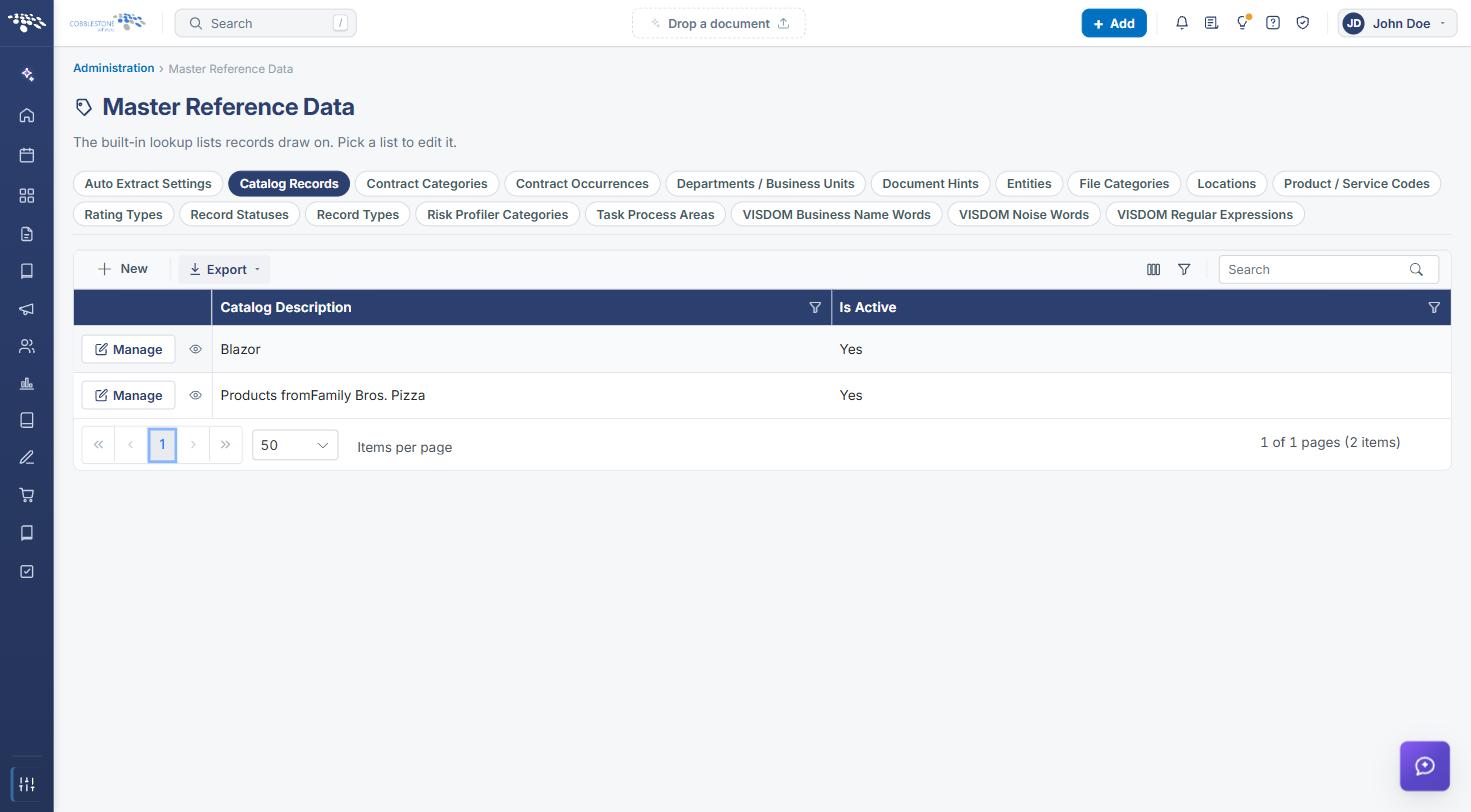 Master Reference Data Catalog Records list