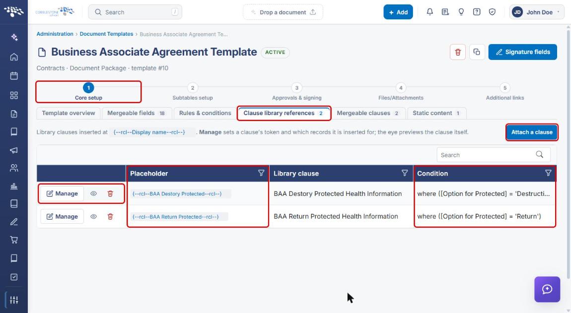 Clause library references tab with Core setup, Attach a clause, Manage, preview, Placeholder, and Condition highlighted