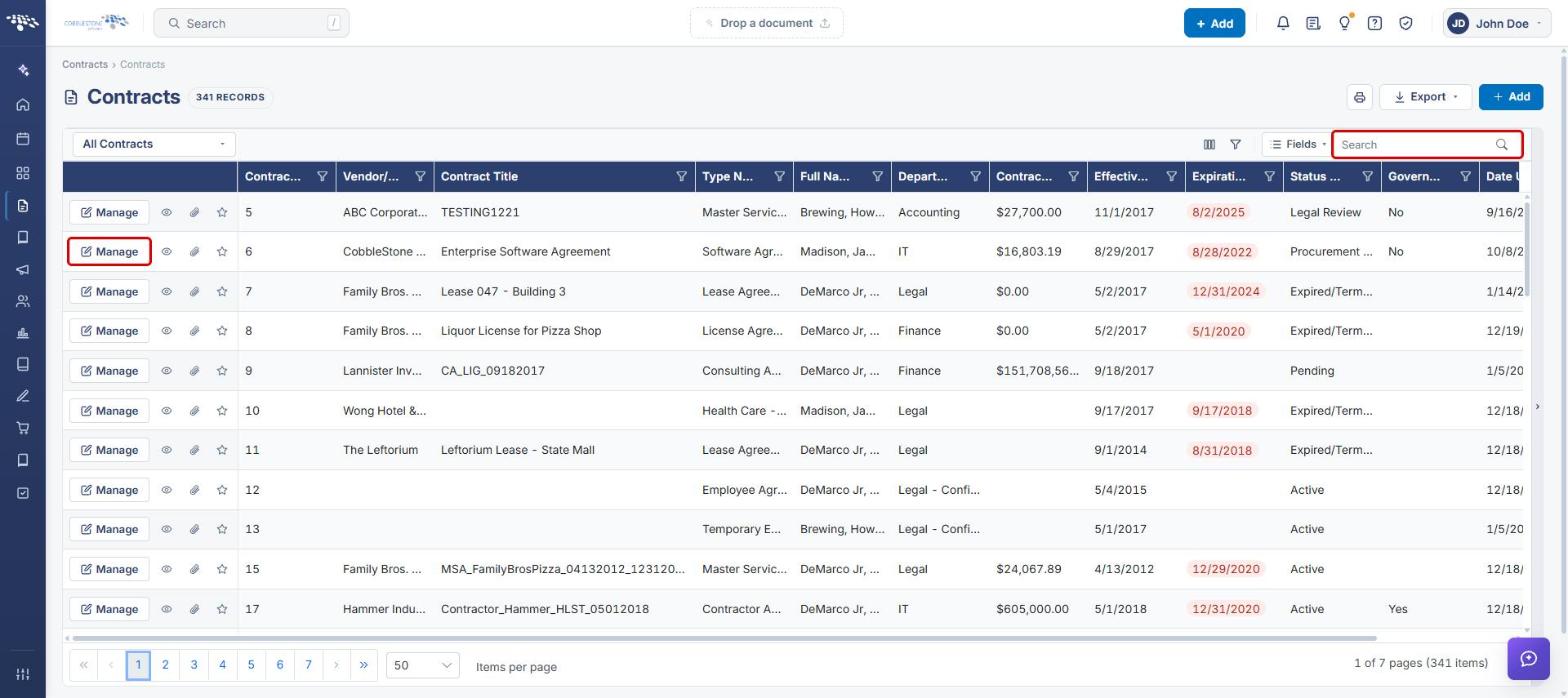 Contracts list with the Search box and Manage button highlighted