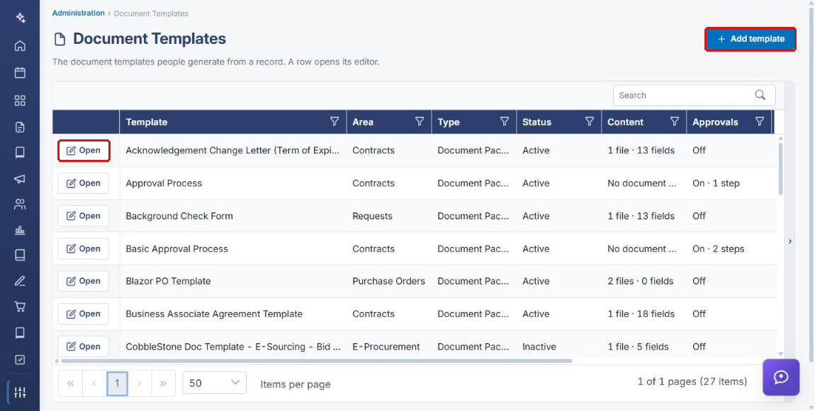 Document Templates list with Open and Add template