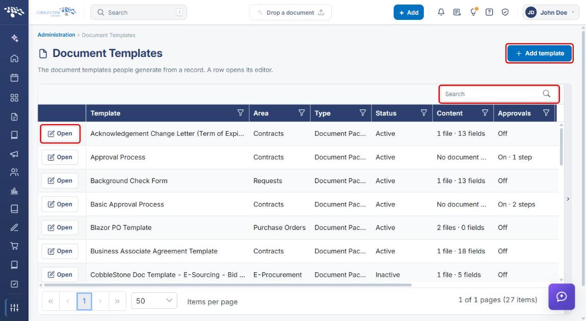 Document Templates list with Add template, Search, and Open highlighted