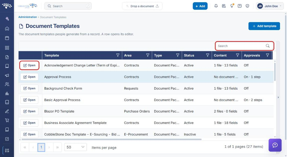 Document Templates list with Search and Open highlighted