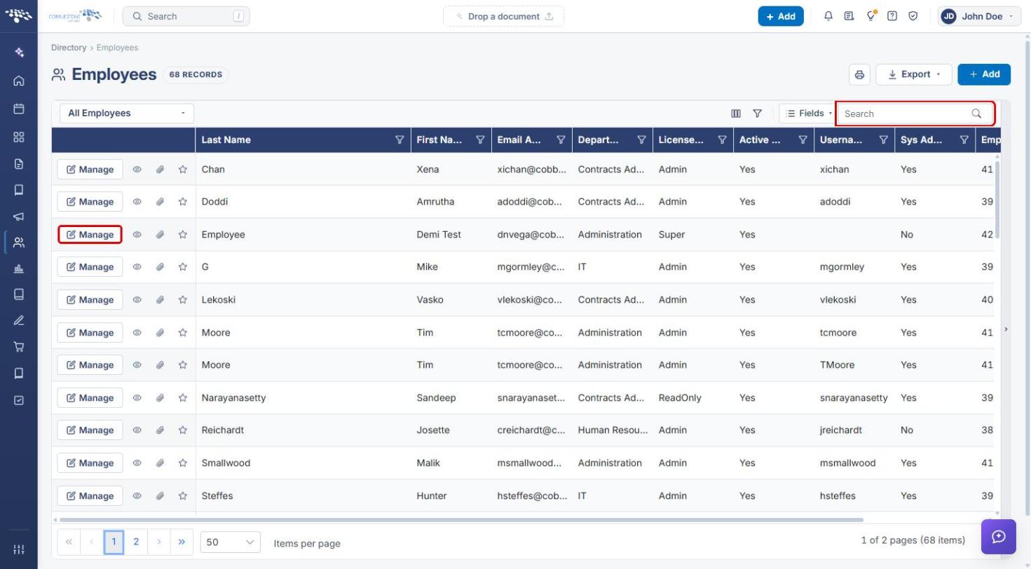 Employees list with Search and Manage highlighted