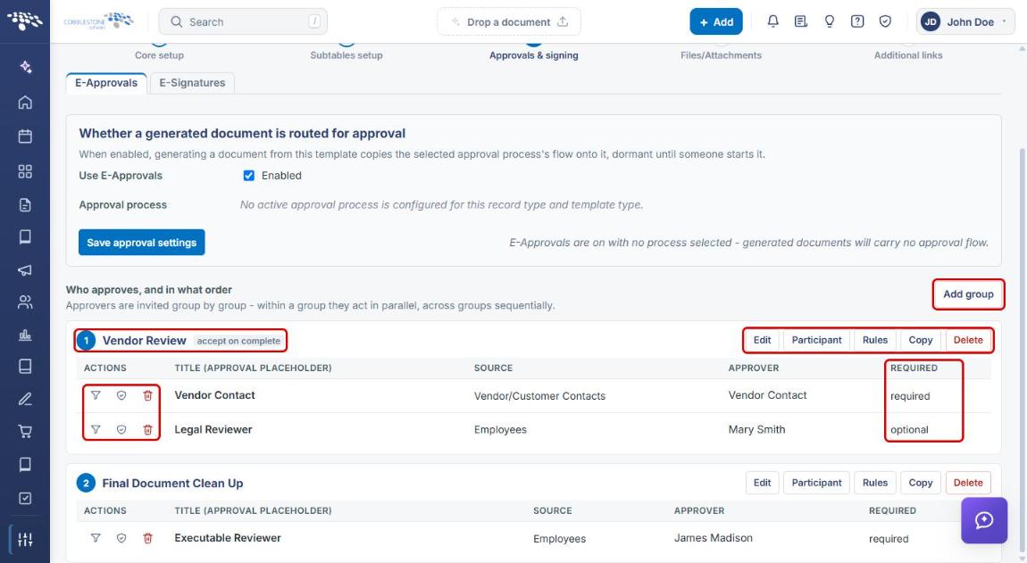 Template approval groups with Add group, group header, group buttons, participant icons, and Required column highlighted