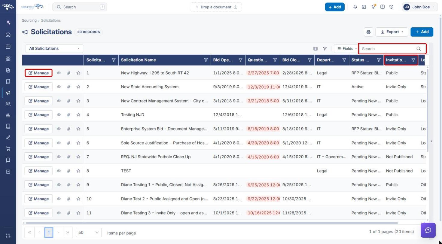 Solicitations list with Search, Manage and Invitation Type highlighted