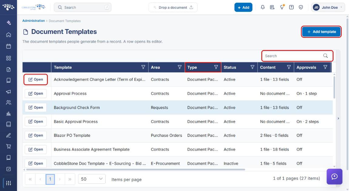 Document Templates list with Add template, Search, Type column, and Open highlighted