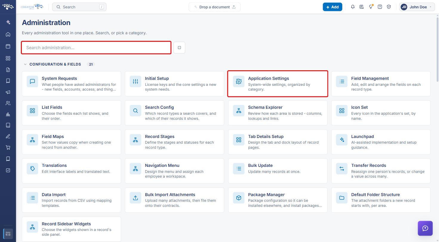 Administration page with the search box and Application Settings tile highlighted