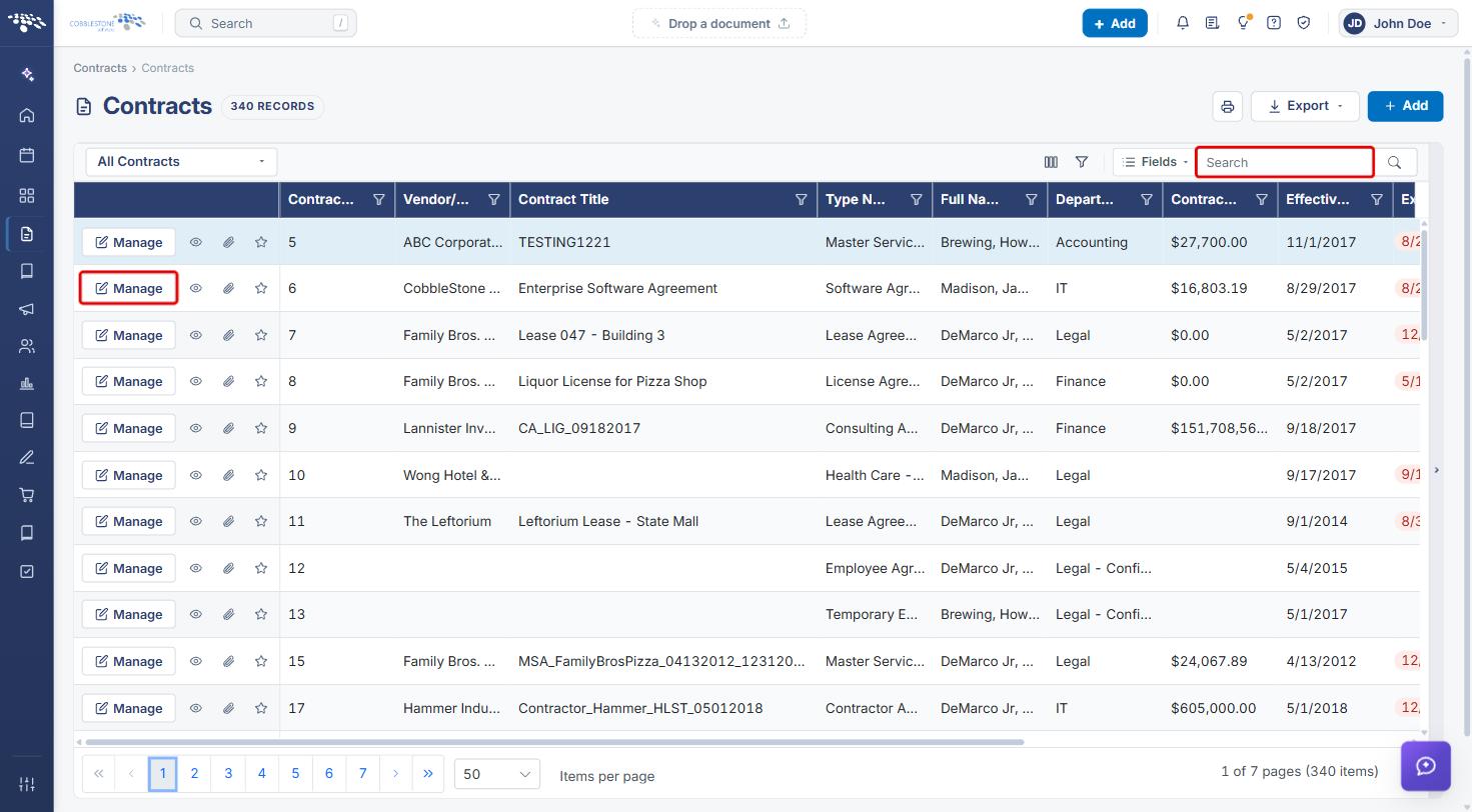 Contracts list with the Search box and a Manage button highlighted
