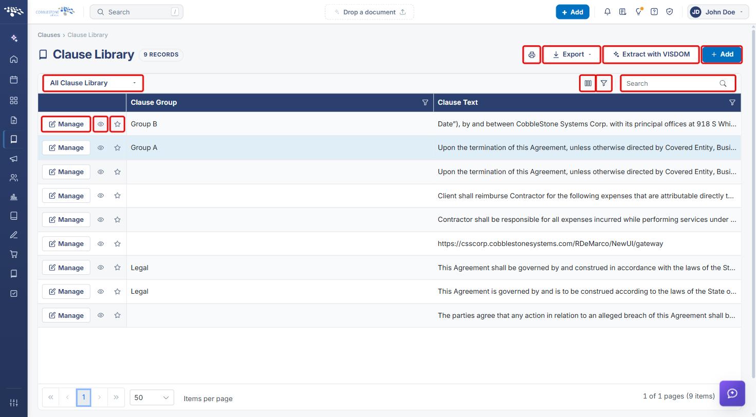 Clause Library list with the view selector, column and filter icons, Search, Print, Export, Extract with VISDOM, Add and the row actions highlighted
