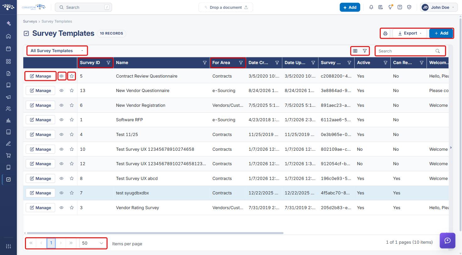 Survey Templates list with the view selector, column and filter icons, Search, Print, Export, Add, column filters, row actions and pagination highlighted