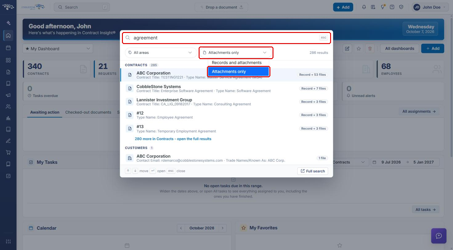 Search records window with the search term, scope drop-down, and Attachments only option highlighted