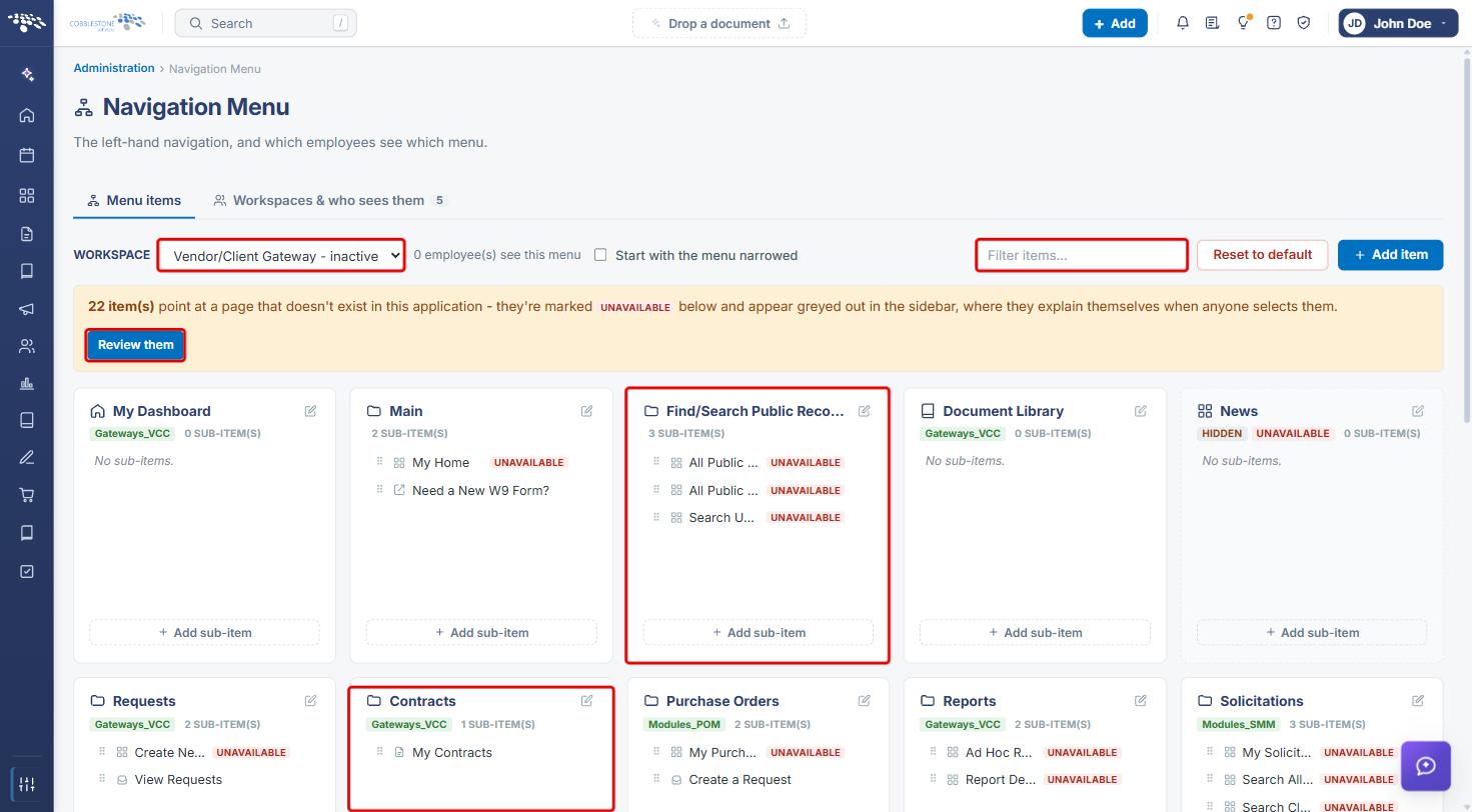 Navigation Menu with the Workspace drop-down, Filter items, Review them, Find/Search Public Records group and Contracts group highlighted