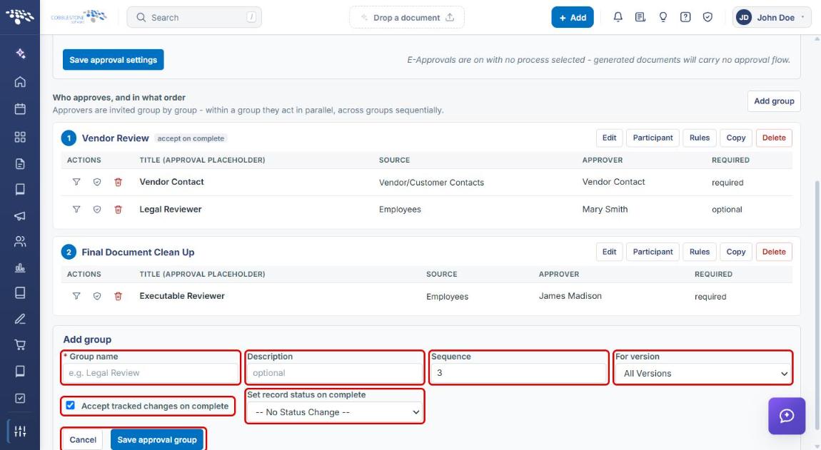 Add group form with Group name, Description, Sequence, For version, completion options, and Save approval group highlighted