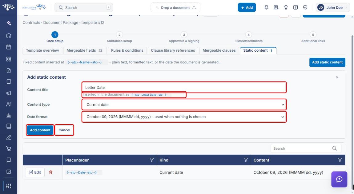 Add static content form with Current date and Date format
