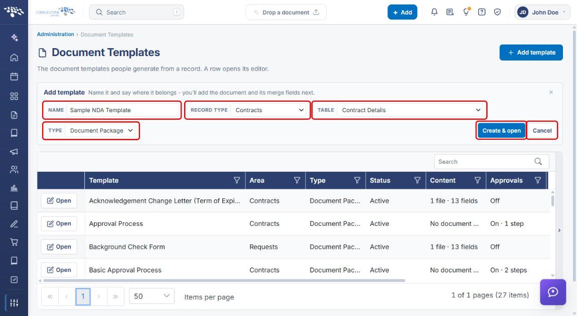 Add template panel with Name, Record type, Table, Type, Create and open, and Cancel highlighted