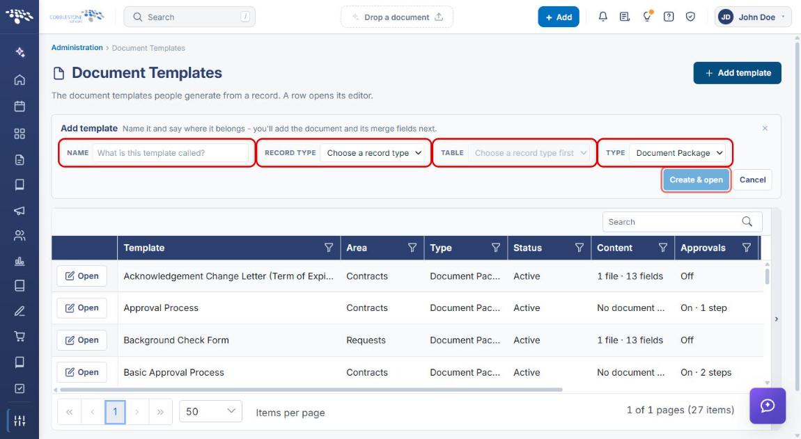 Add template panel with Name, Record Type, Table, Type, and Create & open highlighted