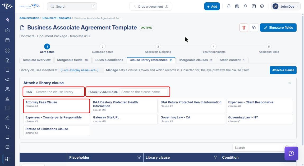 Attach a library clause panel with Find, Placeholder Name, and a clause highlighted