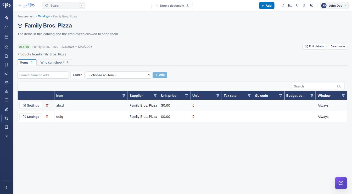 Catalog Items tab