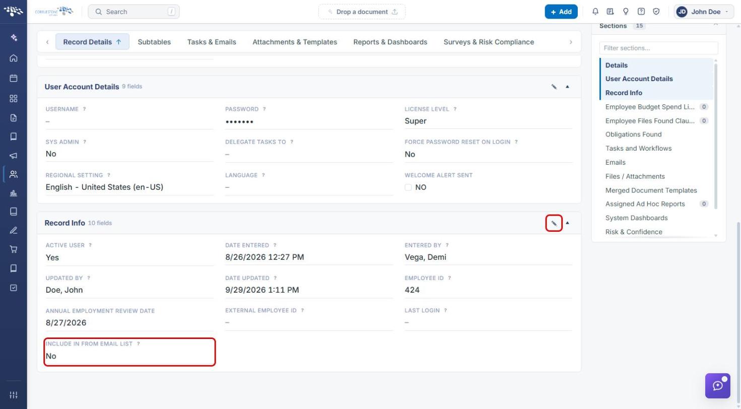 Employee Record Info section with Include in From Email List highlighted