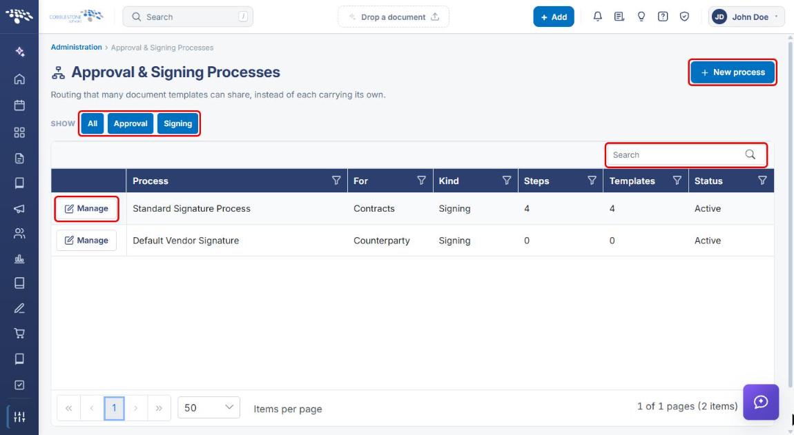 Approval and Signing Processes list