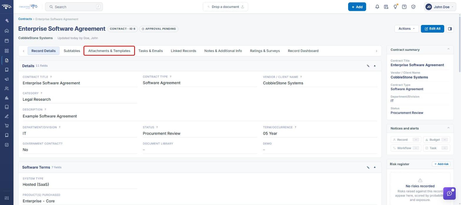 Contract record with the Attachments & Templates tab highlighted