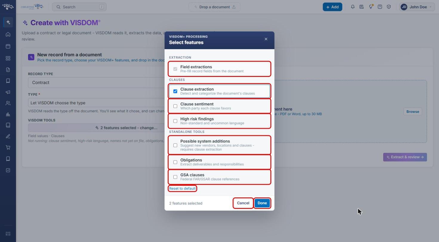 Select features window with VISDOM+ features highlighted