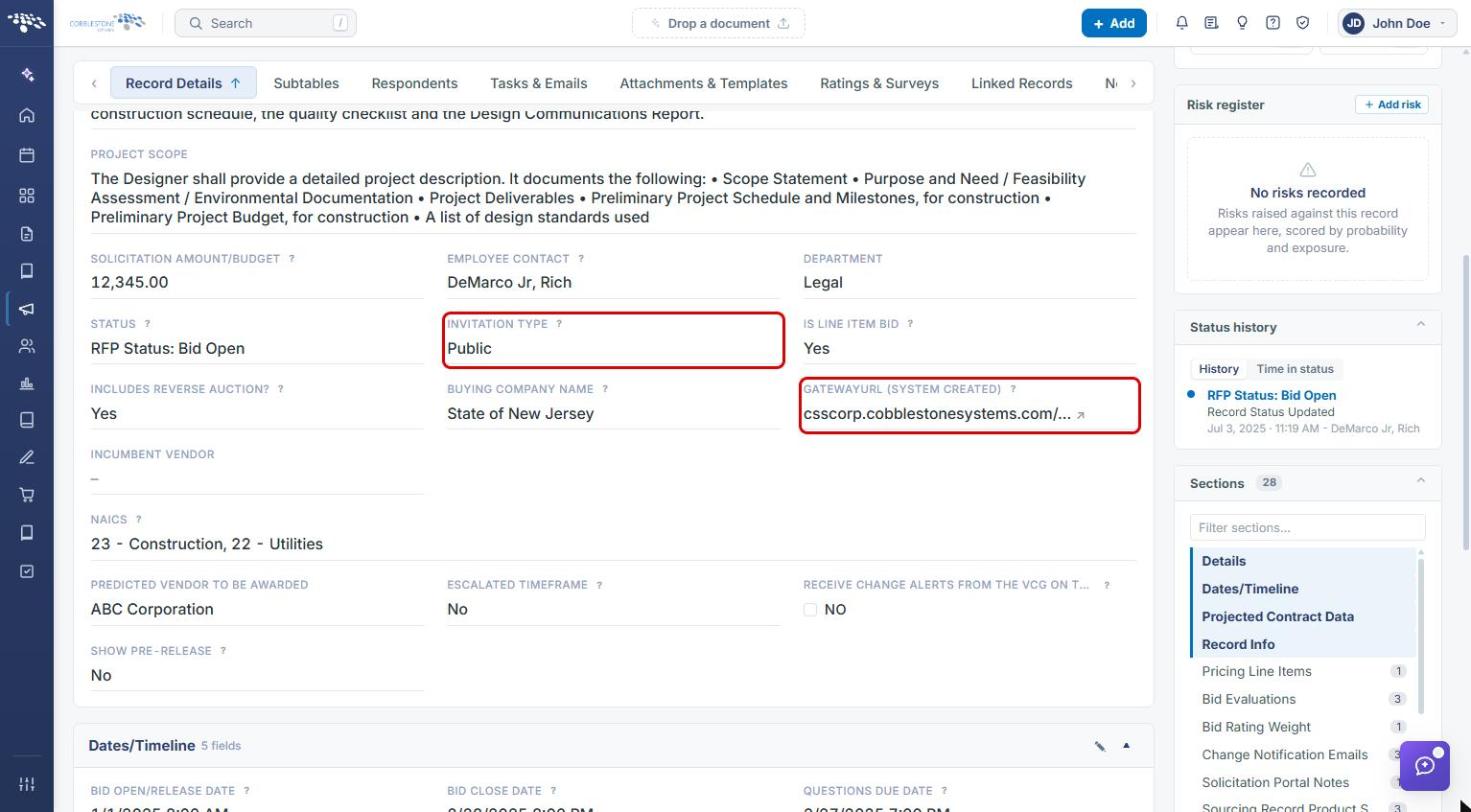 Solicitation Details with Invitation Type and GatewayURL highlighted