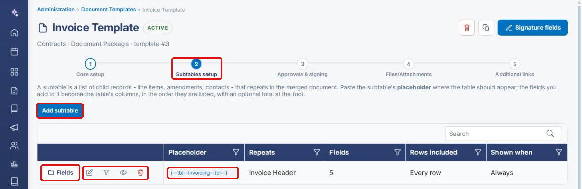 Subtables setup step with subtable grid and row actions