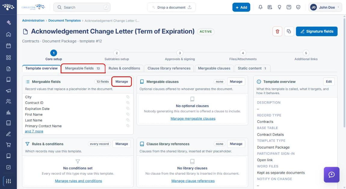 Template overview with Mergeable fields tab and Manage button highlighted
