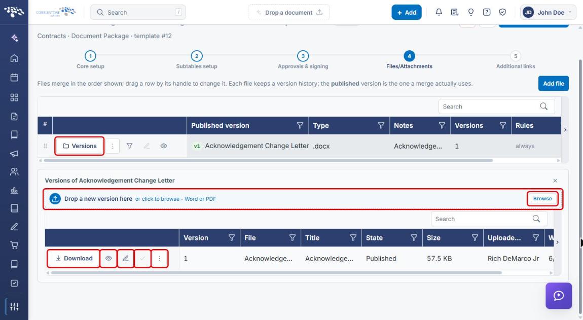 Versions drawer with upload area and version tools highlighted