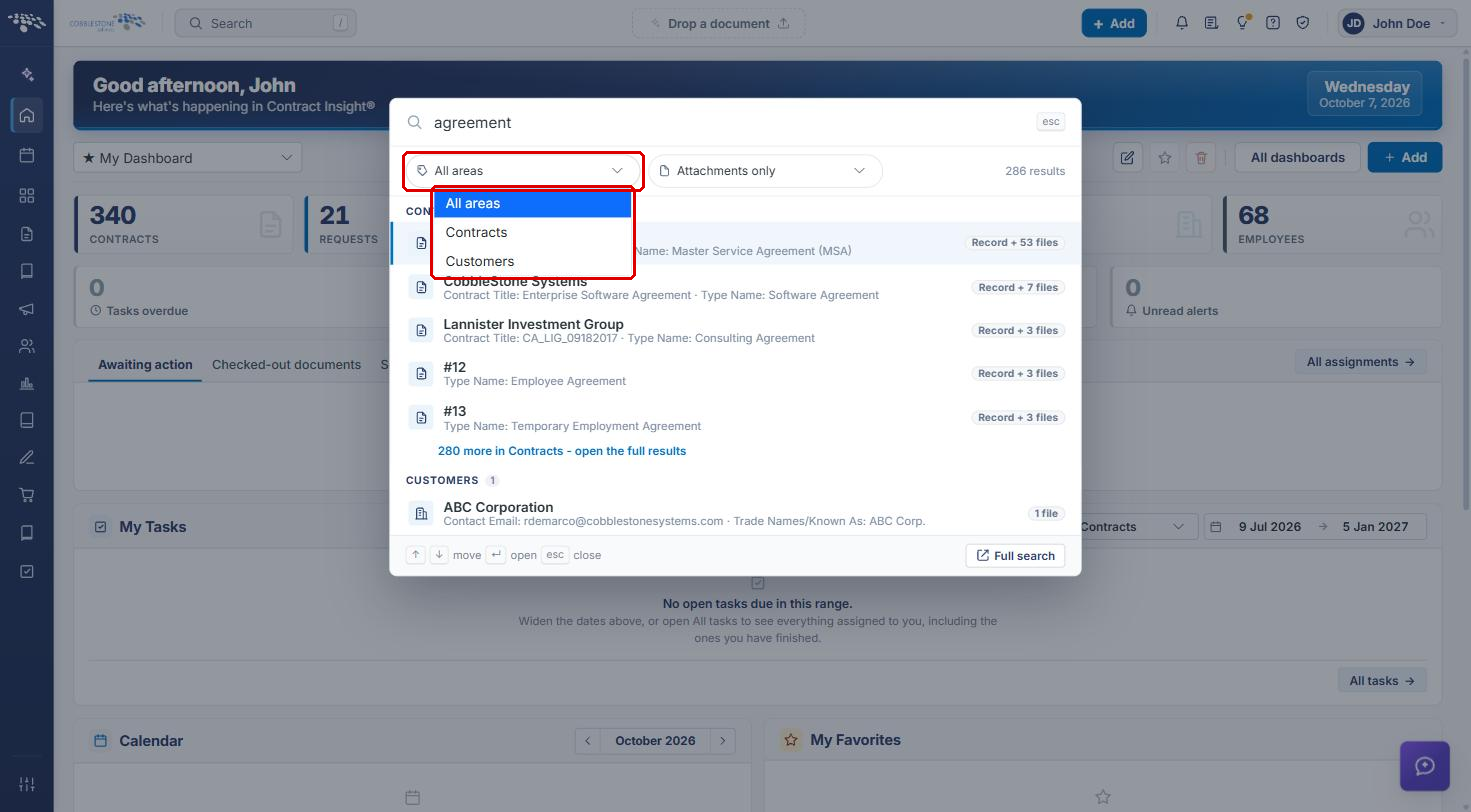 All areas drop-down with Contracts and Customers options highlighted