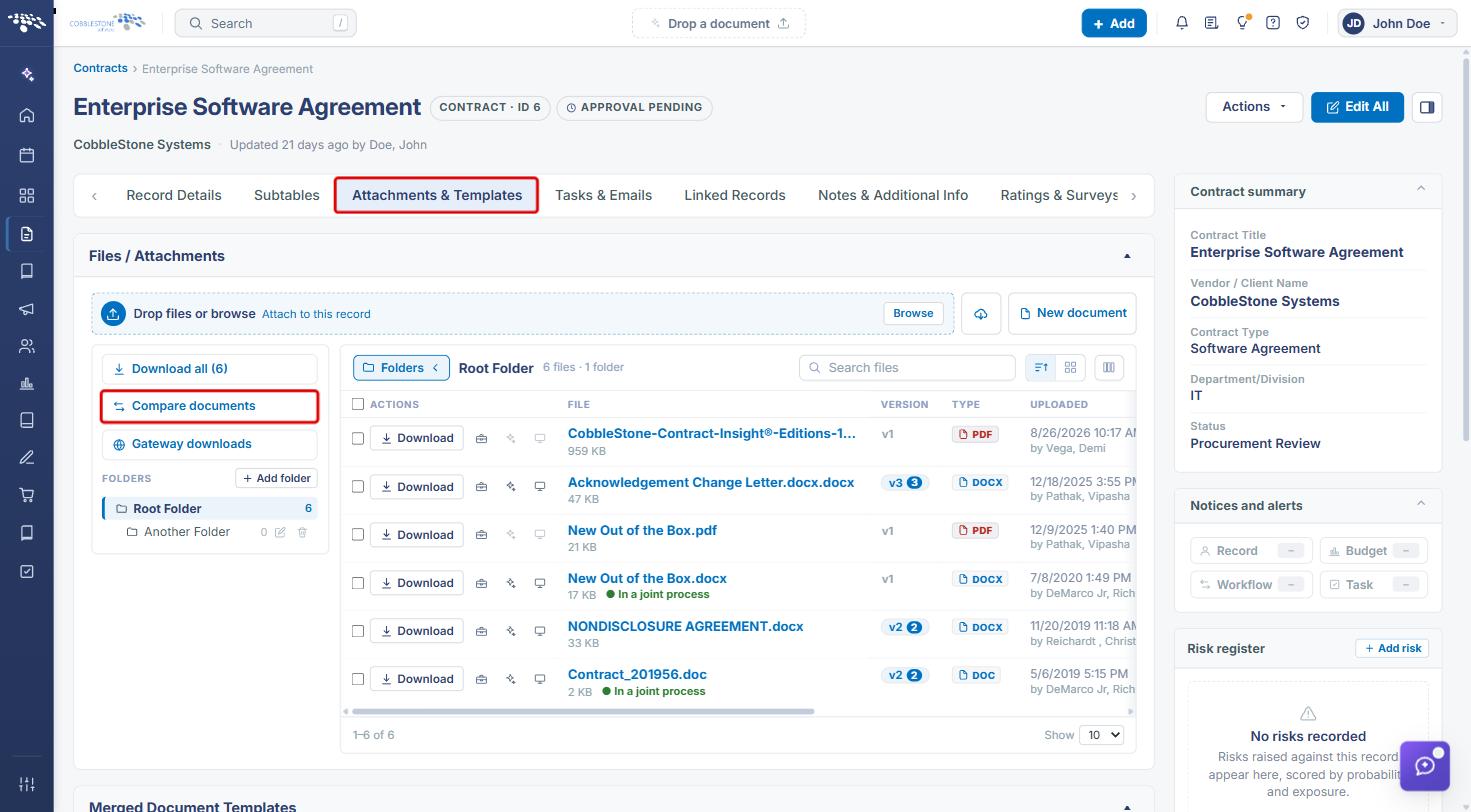 Attachments and Templates tab with the Compare documents button highlighted