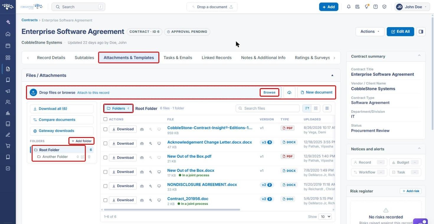 Attachments and Templates tab with the drop zone, Browse, Folders, Add folder and the folder list highlighted