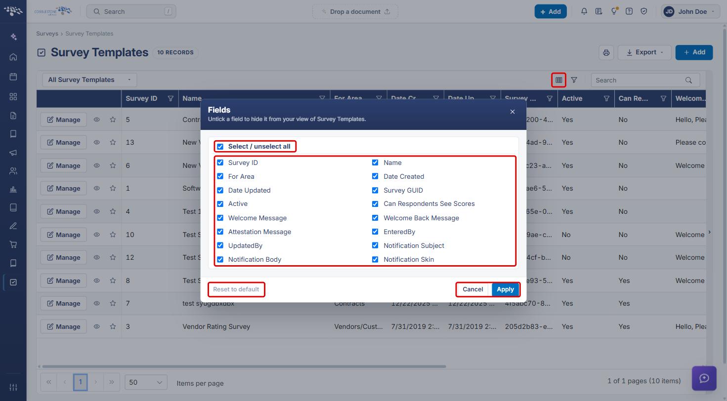 Fields window with Select / unselect all, the field checkboxes, Reset to default, Cancel and Apply highlighted