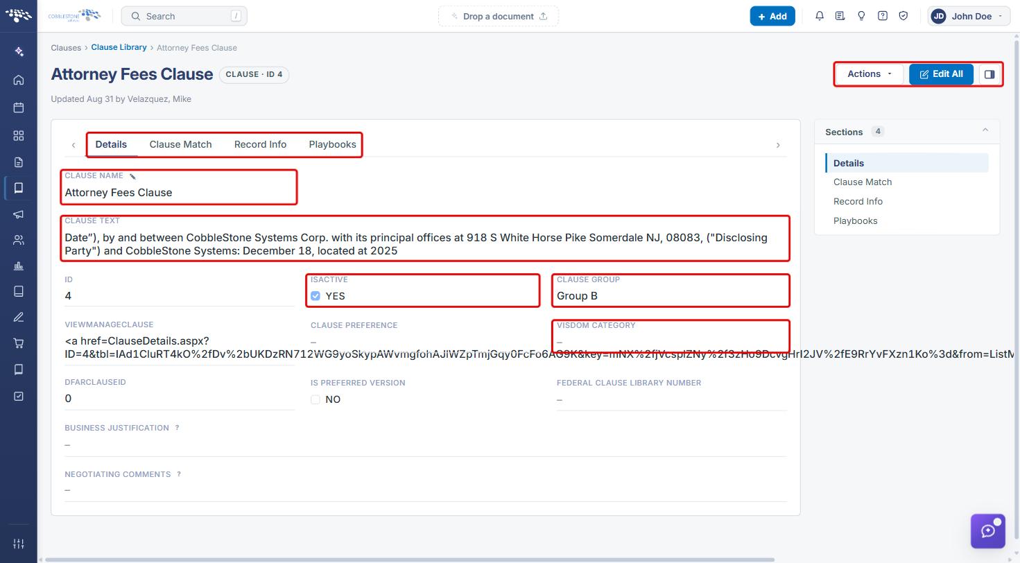 Clause record Details tab with the tabs, Clause Name, Clause Text, IsActive, Clause Group, Visdom Category, Actions and Edit All highlighted
