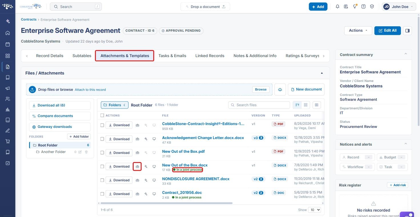 Attachments and Templates tab with a file's Document tools icon and In a joint process tag highlighted