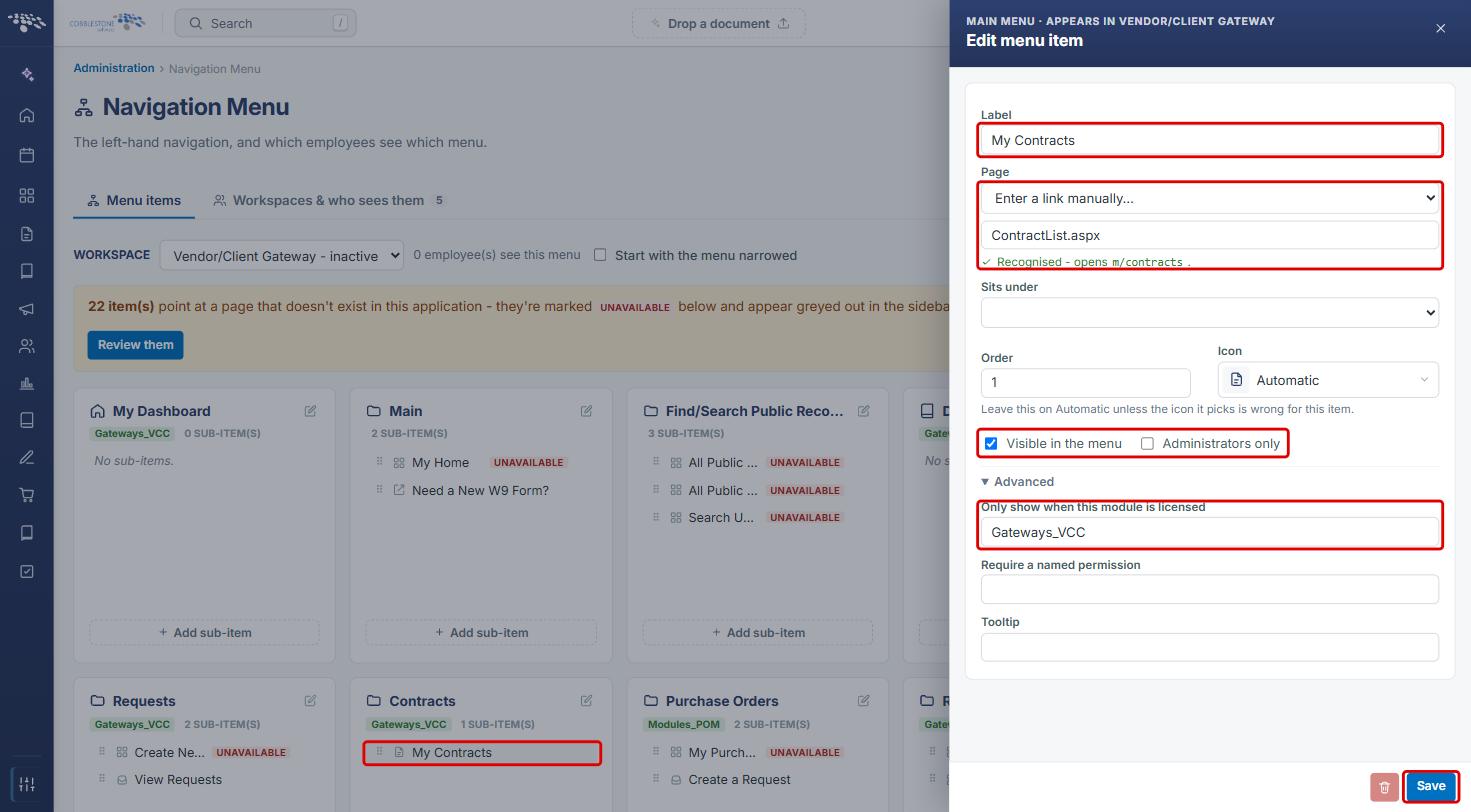 Edit menu item panel for My Contracts with Label, Page, Visible in the menu, module licence and Save highlighted