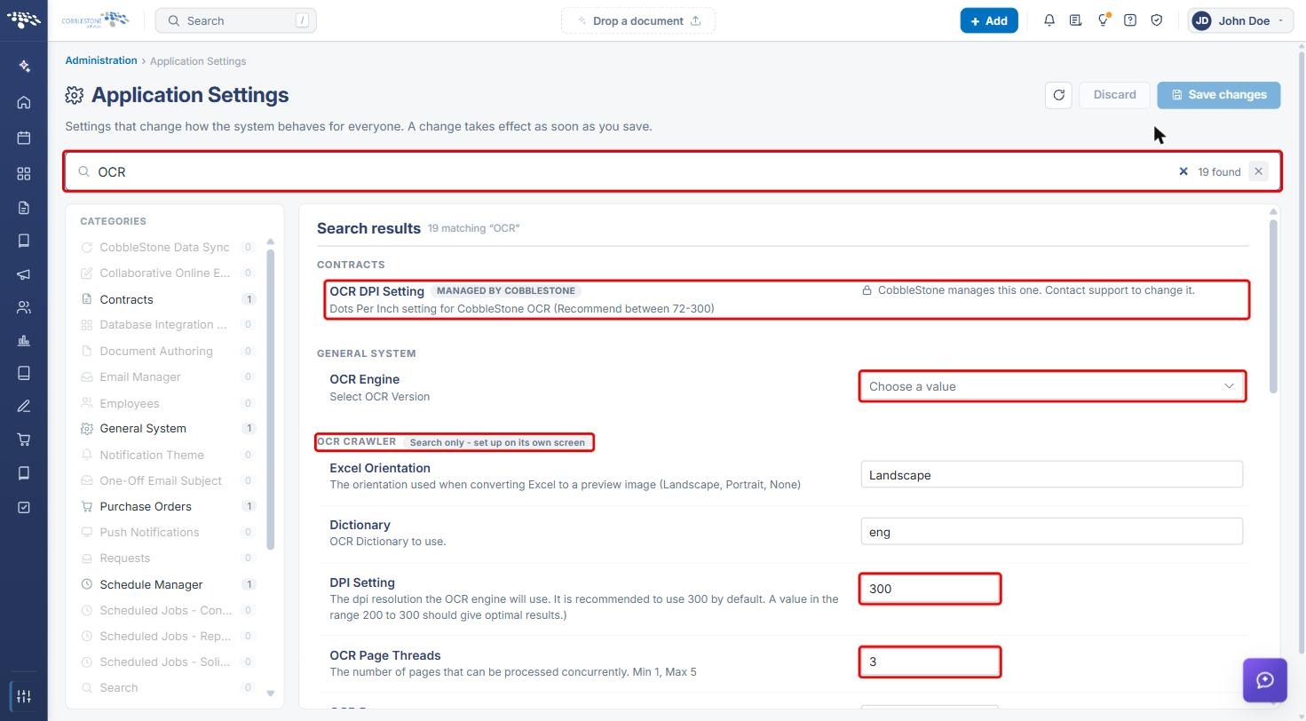 Application Settings search for OCR with the search box, OCR DPI Setting, OCR Engine, OCR Crawler group, DPI Setting and OCR Page Threads highlighted