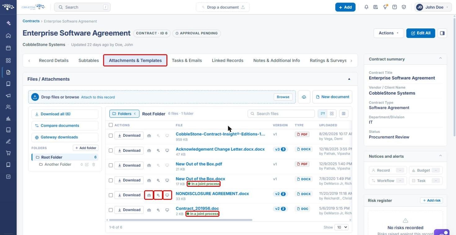 Attachments and Templates tab with the Document tools, Edit with VISDOM and Collaborative edit icons and the In a joint process tags highlighted