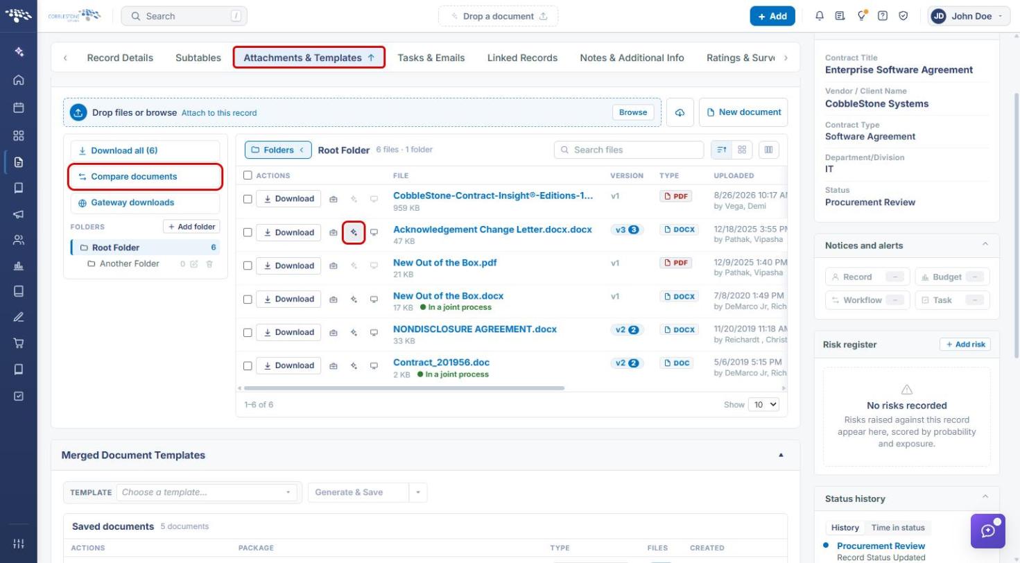 Attachments & Templates tab with Edit with VISDOM and Compare documents highlighted