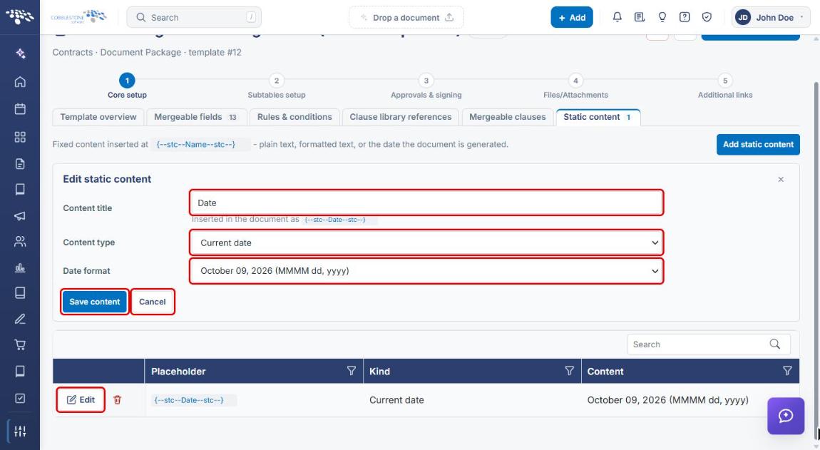 Edit static content form