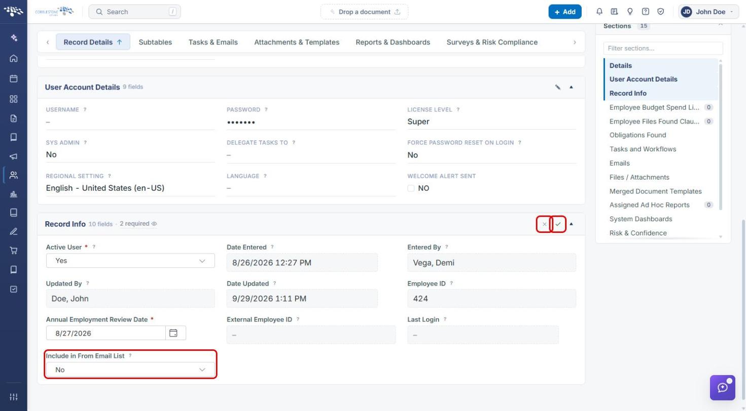 Record Info in edit mode with the Include in From Email List drop-down and save/cancel highlighted