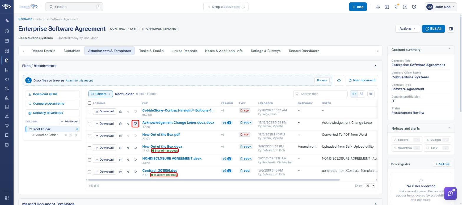 Files / Attachments list with the Collaborative edit icon and In a joint process badges highlighted
