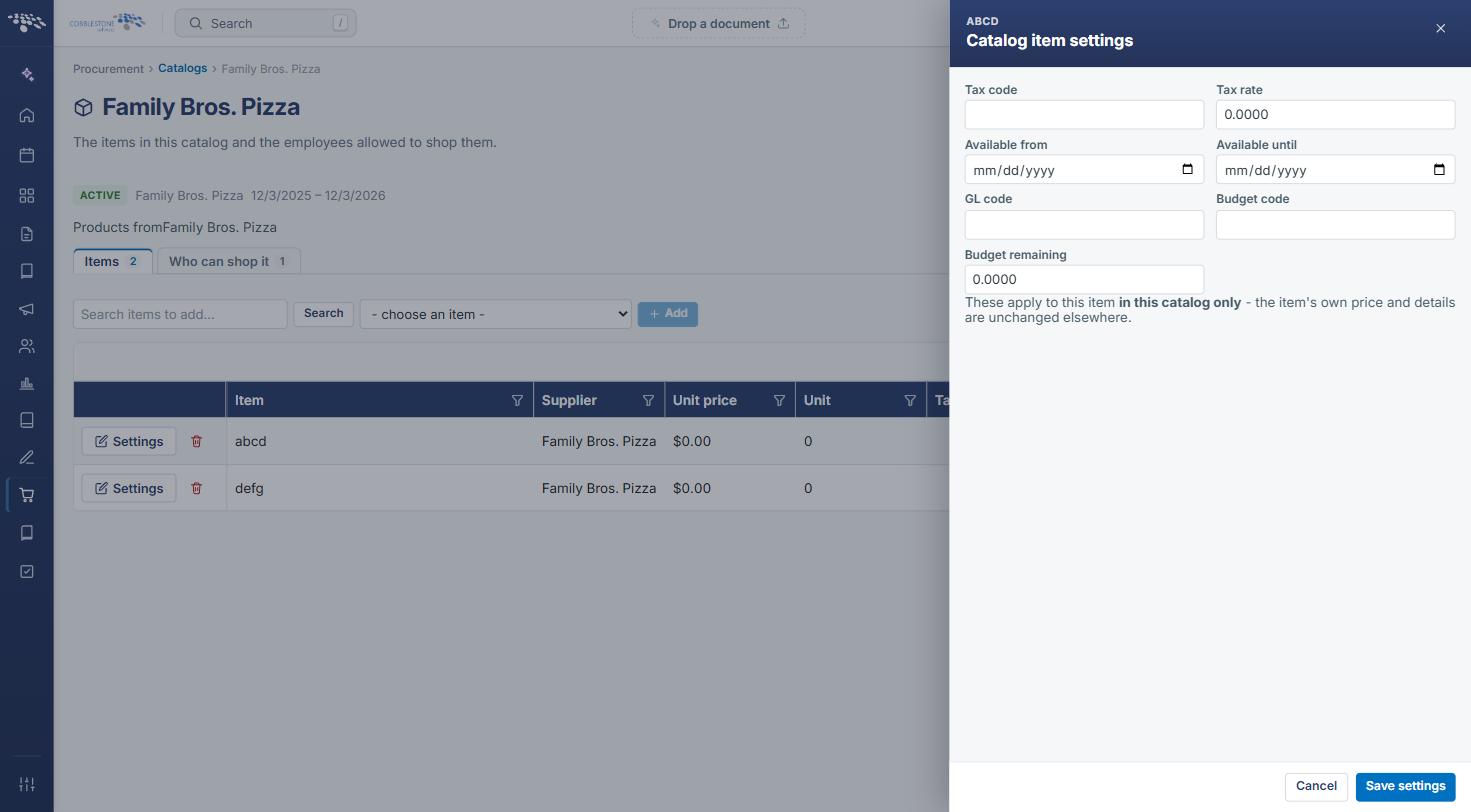 Catalog item settings panel