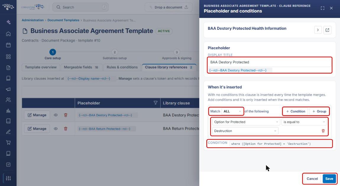 Placeholder and conditions panel with Display Title, Match, Condition, Group, condition rules, and Save highlighted