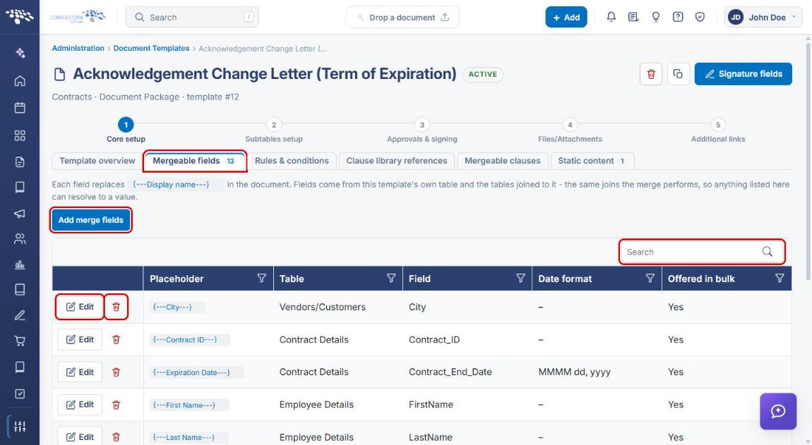 Mergeable fields tab with Add merge fields, Search, Edit and delete highlighted