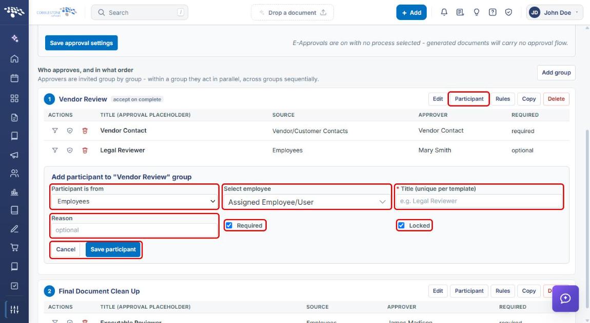 Add participant form with Participant is from, Select employee, Title, Reason, Required, Locked, and Save participant highlighted