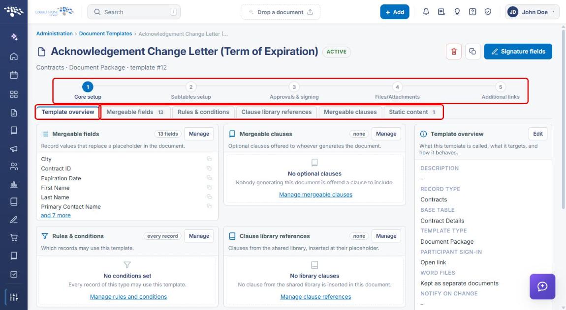 Template editor wizard steps and section tabs
