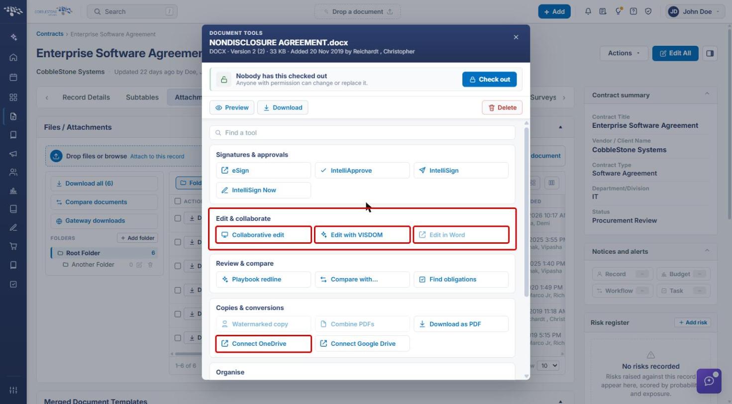 Document tools window with the Edit and collaborate options and Connect OneDrive highlighted